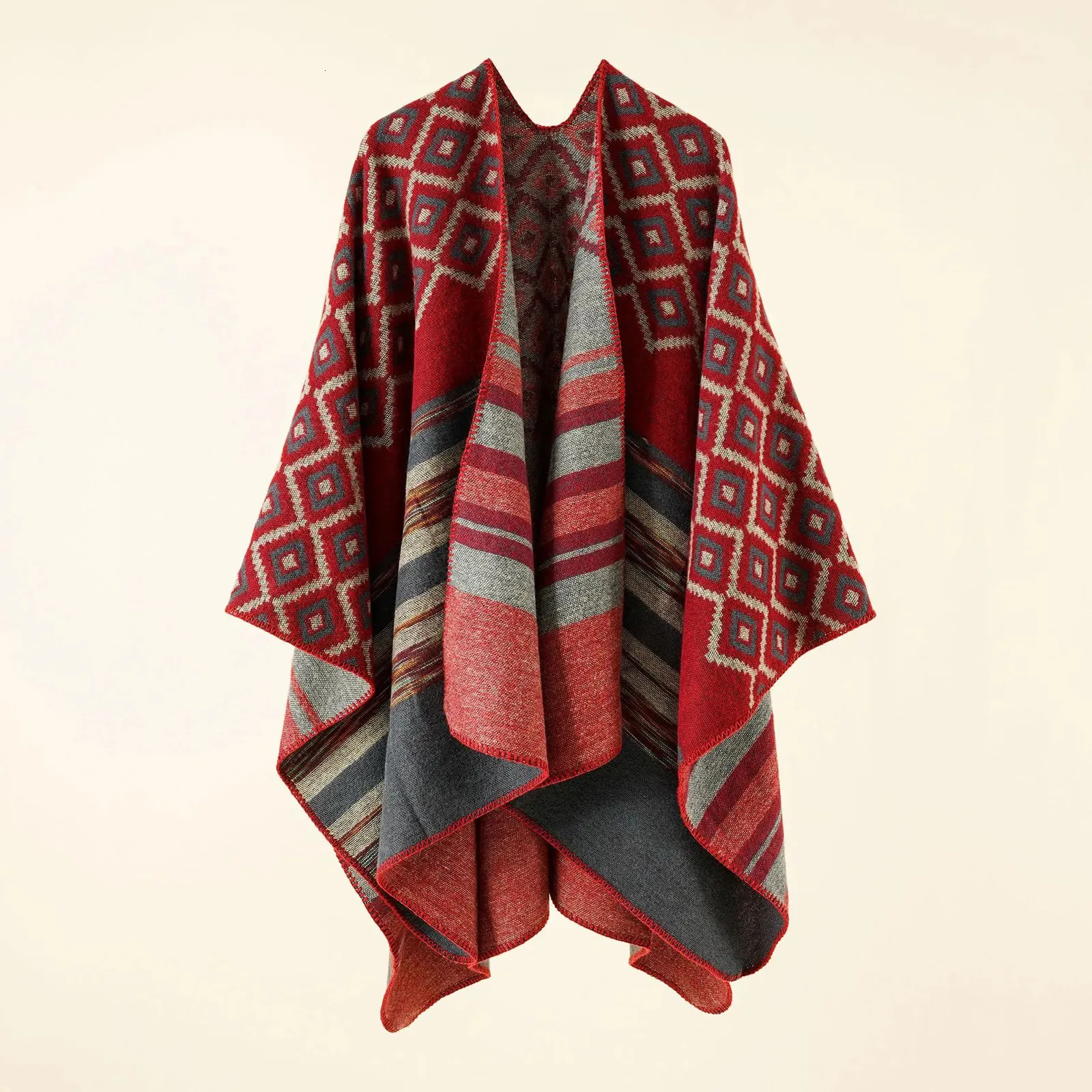 Châles automne hiver motif à rayures géométriques Imitation cachemire chaud décontracté femmes châle Poncho Capes dame manteau rouge 231012