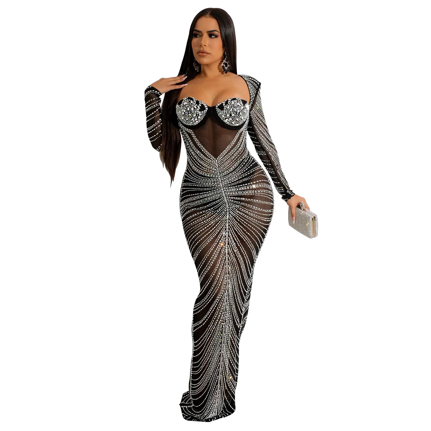 Glitter Mesh Durchsichtig Party Maxi Kleid Für Frauen Mode Volle Hülse Bodycon Sexy Club Lange Abendkleid Vestido