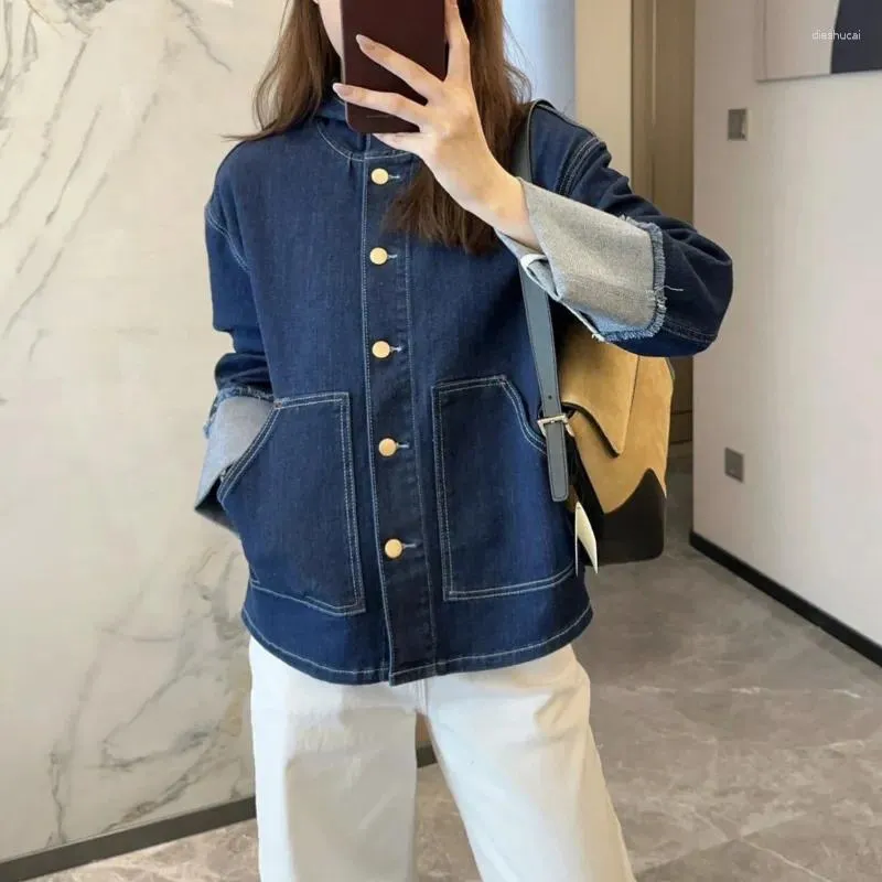 Vestes Femmes Femmes Chemise à capuche Navy Denim Coton Manteau Vintage Bouton Up Tops avec poches avant Automne / Hiver 2023 Vêtements pour femmes