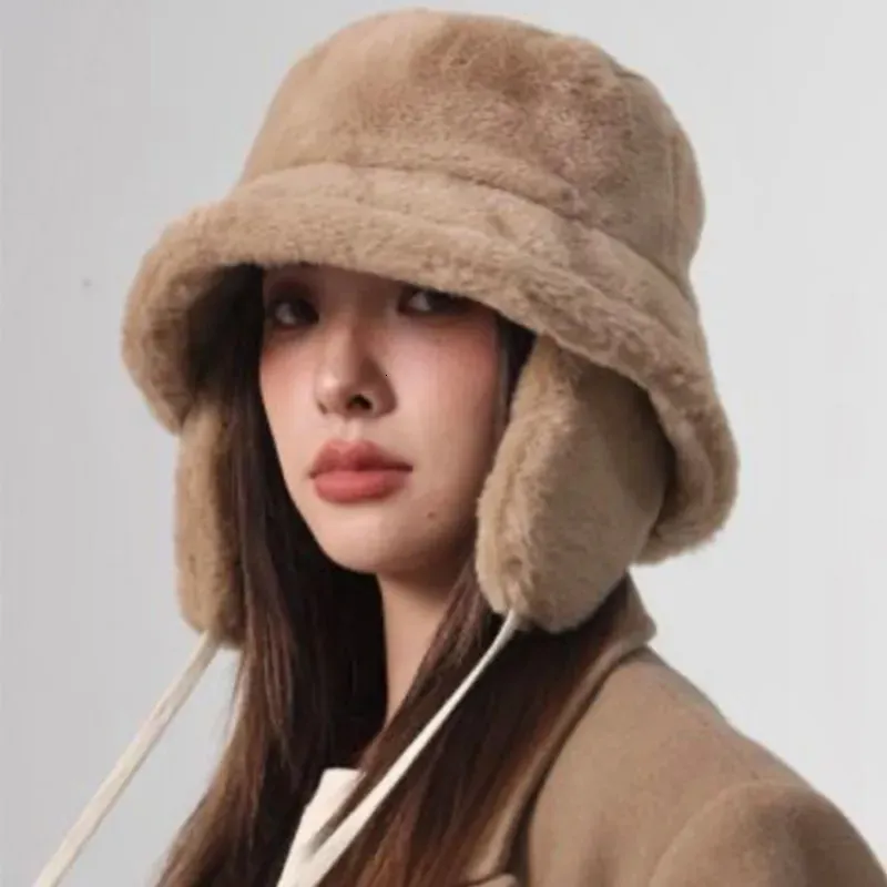 Wide Brim Hats Bucket Hats Korean Winter Warm Ear Protection Lamb Wool Lace-up Bucket Hat Men and Women Outdoor Thickened Detachable Panama Bob Hats Gorras 231011