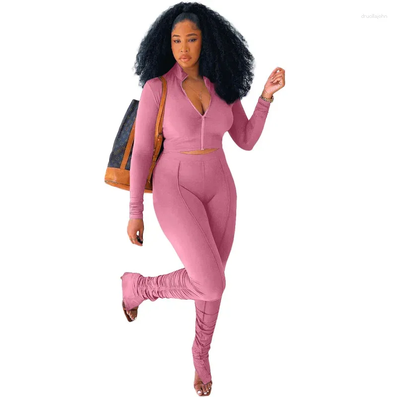 Женские брюки из двух предметов, розовый комплект, женская одежда, повседневный укороченный топ на молнии с v-образным вырезом и длинными рукавами, спортивный костюм 2