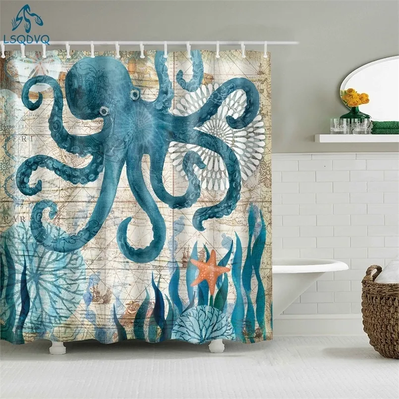 Zasłony prysznicowe Zwierzęta Octopus Wilk Lion Seahorse Zasłony prysznicowe Kurtyna Łazienka Zasłona Wodoodporna poliestru łazienka Haczyki 231007