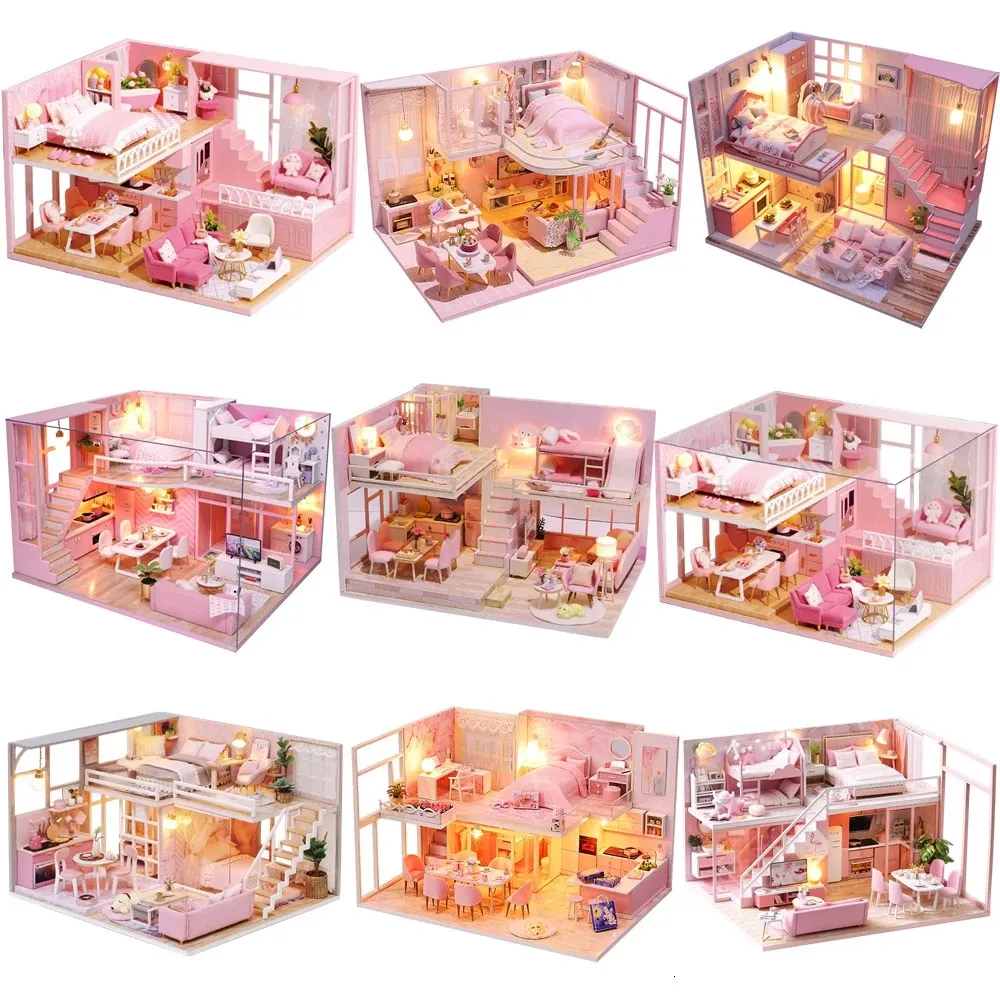 Accesorios para casas de muñecas Casa de bricolaje Kits de construcción en miniatura de madera Habitación de princesa rosa Casa de muñecas con muebles Villa ligera Juguetes para niñas Regalos 231012