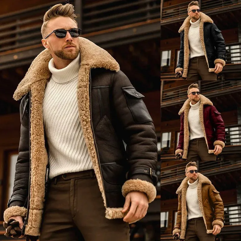 Heren lederen faux mode fleece jas turn-down bontkraag dikke jassen dikker warm uitloper mannelijke winter streetwear windjack 231012