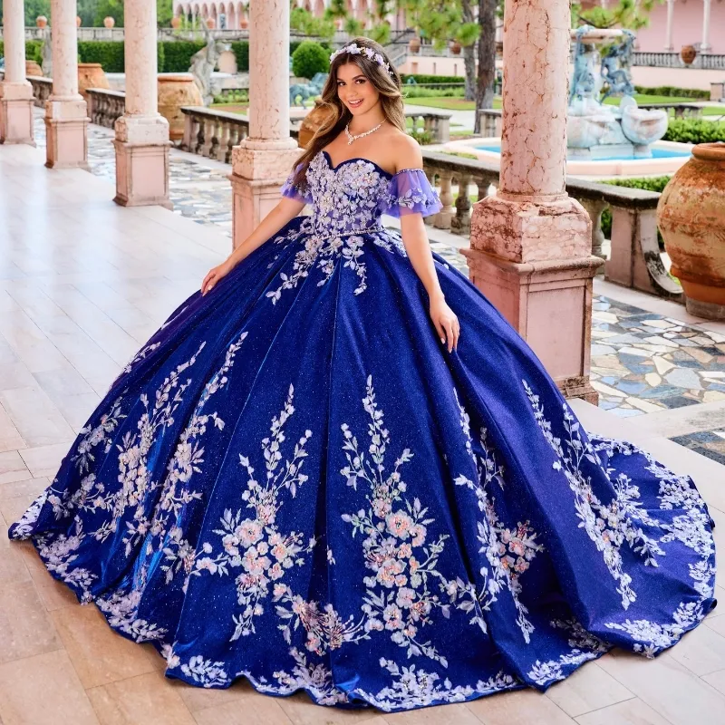 Glamorous Navy Blue Appliqued Beaded Off-Shoulder Quinceanera Sweet 15 Ball Gown DP7191