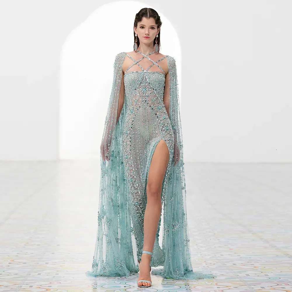 Basic Casual Dresses Sharon Said Luxury Dubai Aqua Lilac Arabic Mermaid Evening Dress with Cape Sleeves Criss Cross Women Wedding Party Gowns SS391 231011