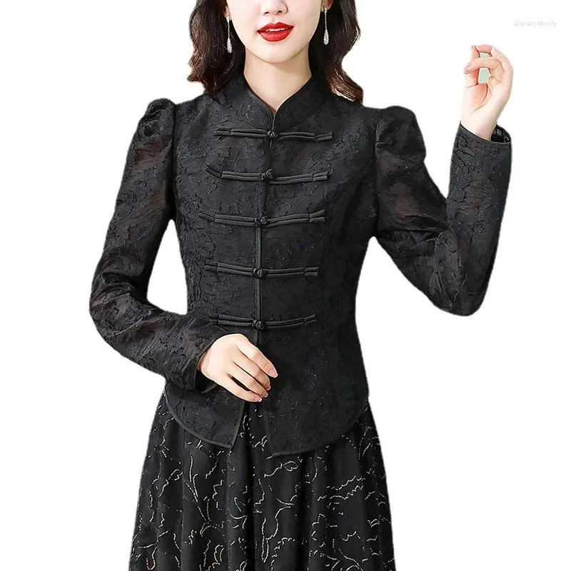 Женские блузки Жаккардовые топы Женские китайские черные рубашки с длинным рукавом с национальной вышивкой