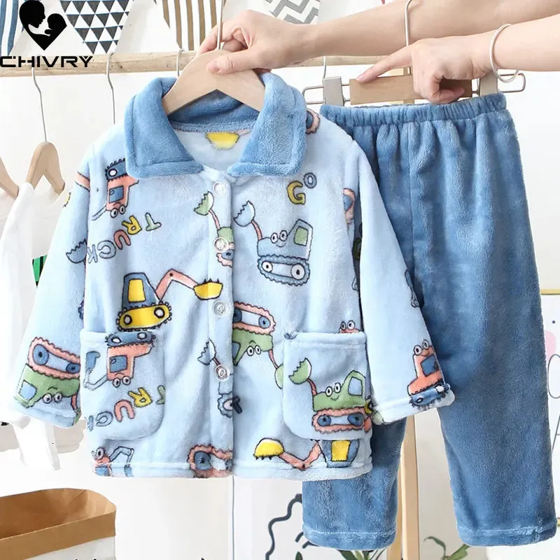 Pajamas Kids Boys Girls Autumn Winter Flannel Pajama Sets Cute Cartoon Long Sleeve Lapel Tops with Pants Baby Sleepwear Clothing 231012