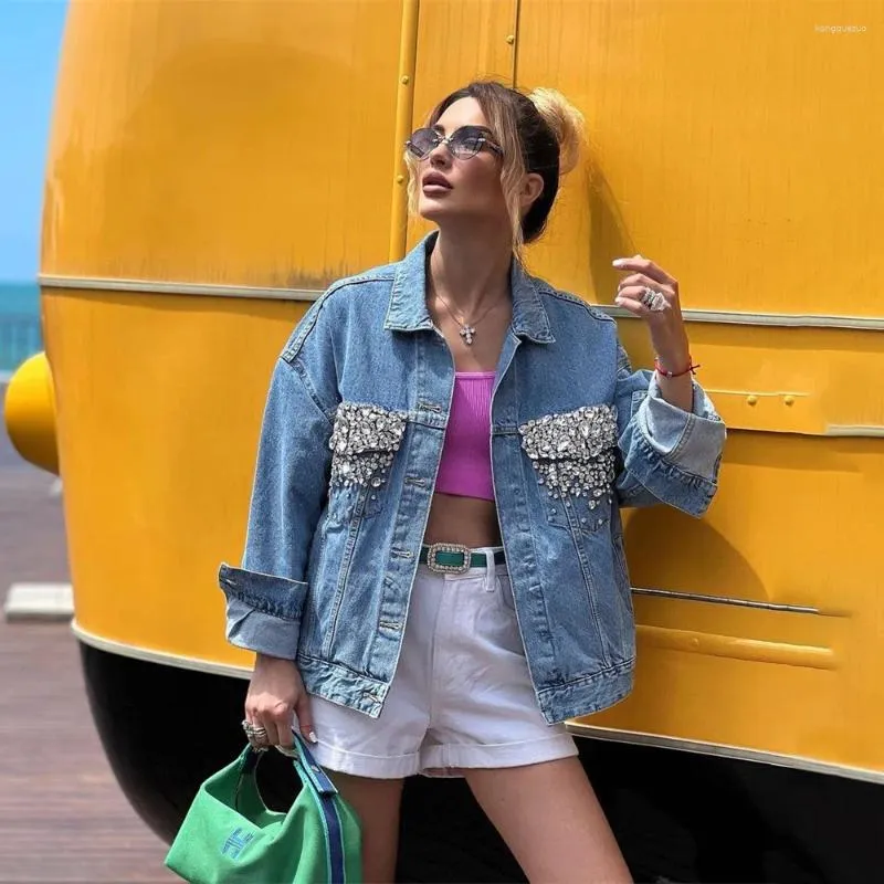 【crystalsoul369】digne jacket Diamond Denim Jacket Women - Beaded Rhinestone Jeans Coat, Autumn