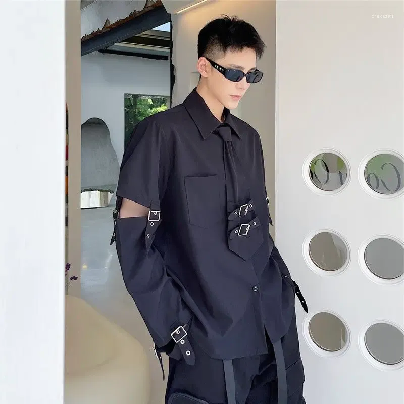 Męskie koszule japońskie przemysł punkowy metalowy pasek koszulki długi rękaw