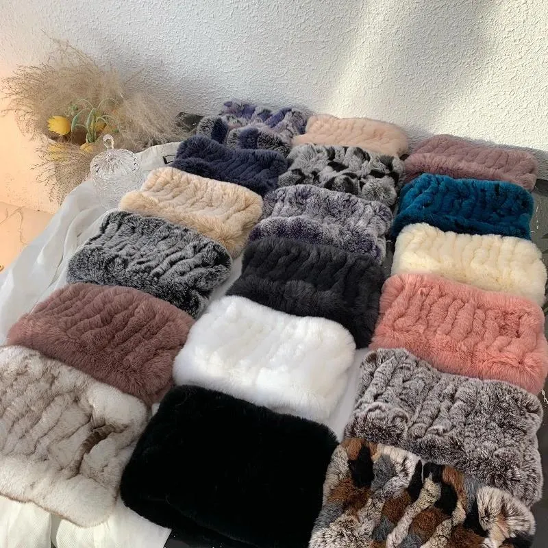 Scarves Women Handmade Stretch Real Fur Scarf Knit Genuine Rex Headbands Girls Natural Ring