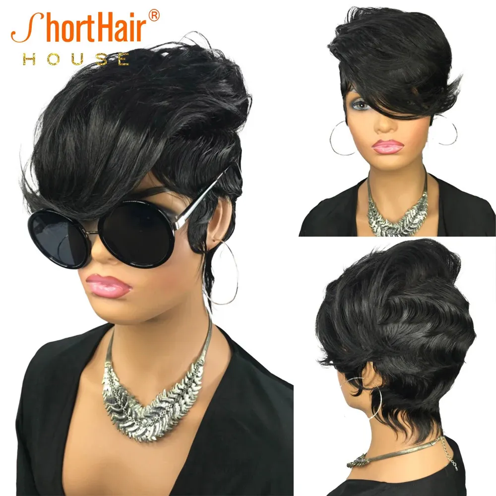 Syntetyczne peruki ludzkie peruki włosy krótkie pixie cięte perukę falistą z długą grzywką pełną maszynę peruki dla kobiet 150nSity Wavy Bob Wedding Hair 231012