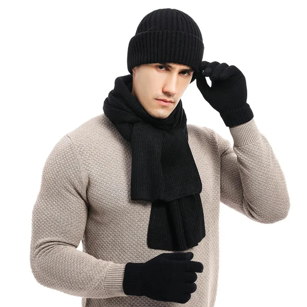 Scarves Men's Autumn Winter Keep Warm Set Beanie Gloves Scarf Male Woolen Yarn Knitted Muffler Spring Fall Hat Solid Color Neckerchief 231012