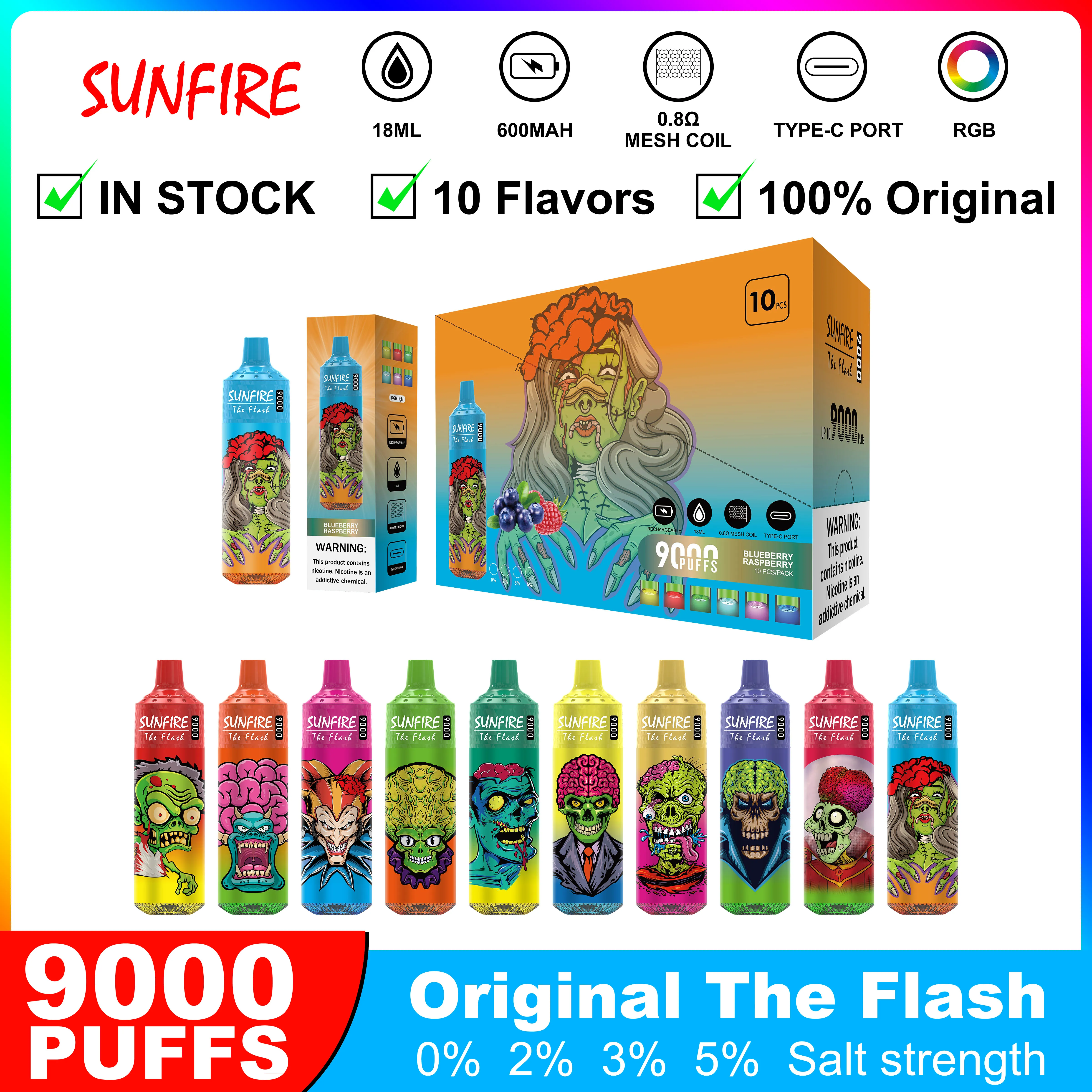 Originele Sunfire 9000 Puffs wegwerpvape Pen Elektronische sigaretten 18 ml POD MESH MEIL 6 Gloeiende kleuren Oplaadbaar 600 mAh Batterij 9K 12K Puff Apparaat