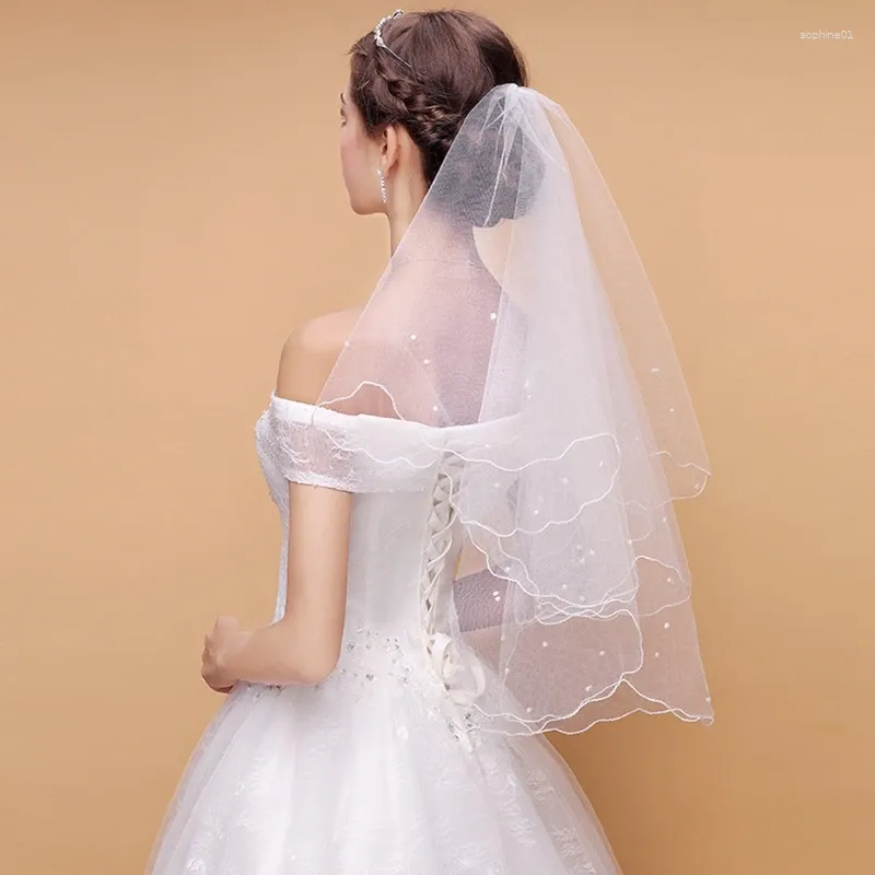 Bridal Veils Wedding Veil 1 Tier Cut Fingertip Length Imitation Pearl Beaded Short Tulle Hair Accessories For Women