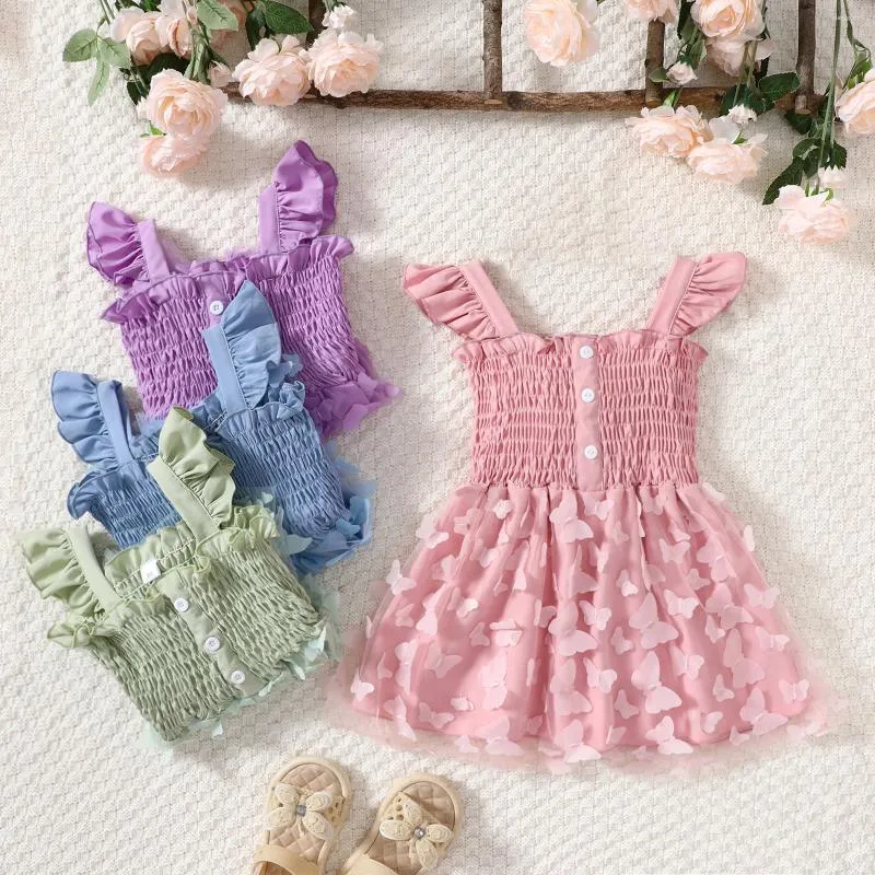 Robes de fille focusnorm 1-6Y enfant en bas âge enfants été robe douce volants manches bouton avant 3D papillon maille Patchwork dentelle robe d'été