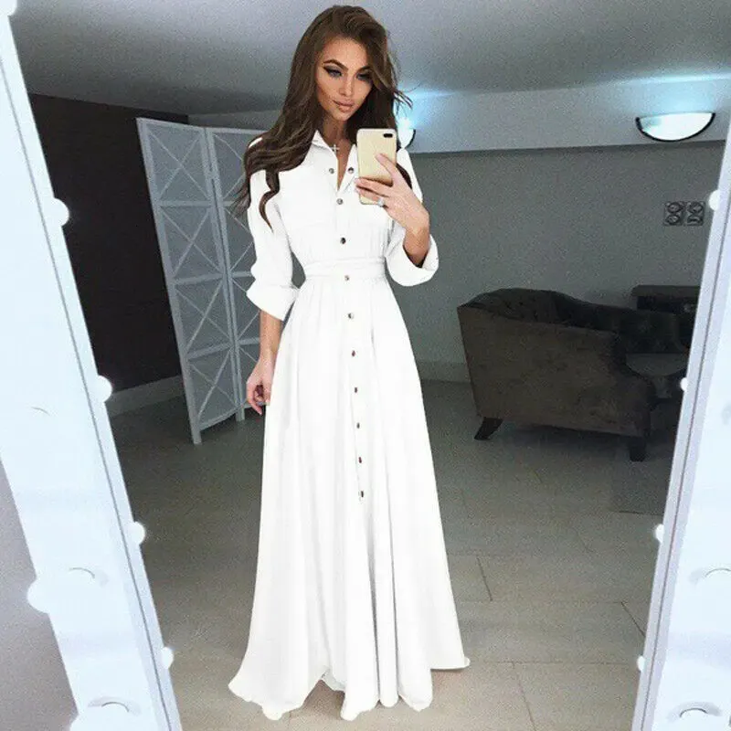For Ladies Casual Dresses Long Sleeve Maxi Shirt Dress Uk Long Sleeve Solid  Color Maxi Dress