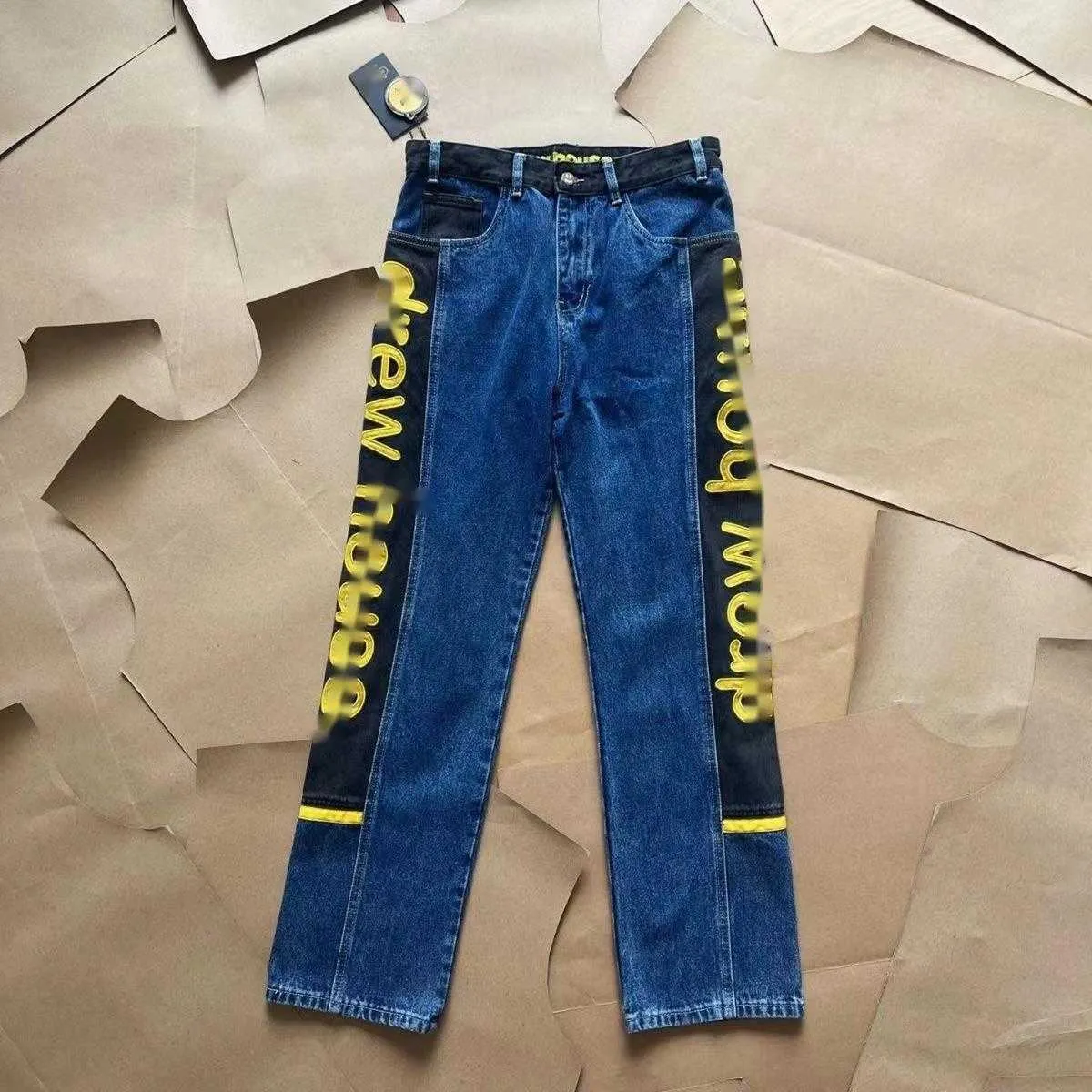 DREW smiley face HOUSE JUSTIN BIBER unisex embroidered torn hole jeans with splashed ink patch Canned Top Quality Dre Same Wash Basket Panel Letter Straight Leg