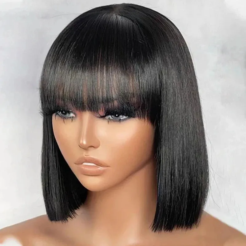 Syntetiska peruker Kort rak Bob med bang mänskligt hår peruker Highlight Bob Fringe No Spets Full Machine Made Wigs for Women 8-16 "231012