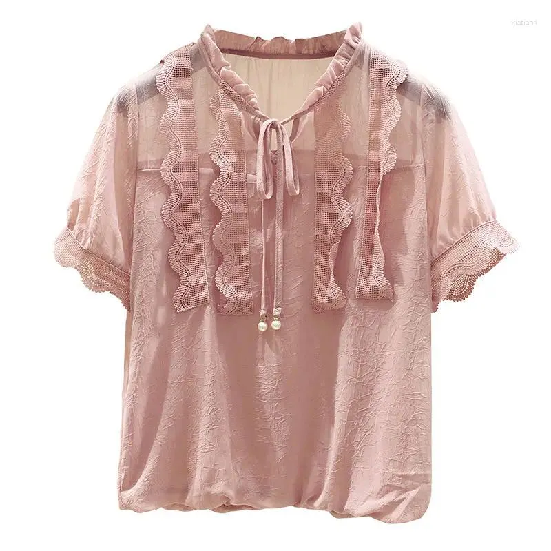 Women's Blouses Summer Chiffon Shirt Round Neck Lace Blouse Short Sleeve Loose Design Sense Of Beauty Clothes Small