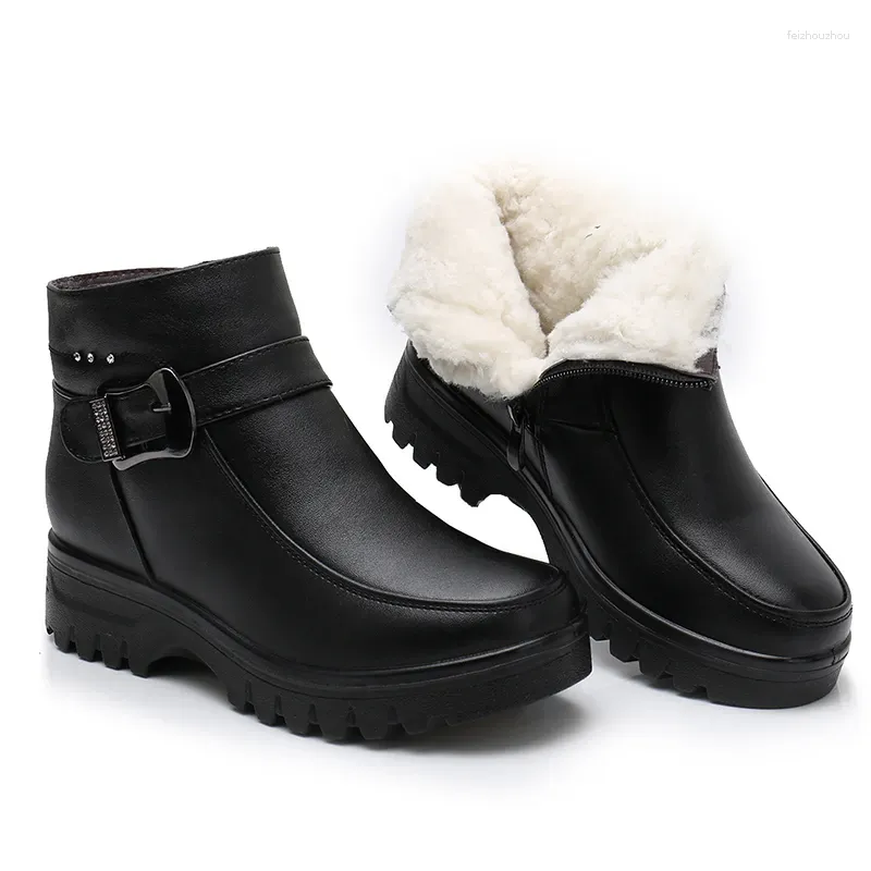 Botas moda inverno mulheres tornozelo de couro feminino grosso pelúcia quente neve mãe impermeável antiderrapante botas botas de mujer