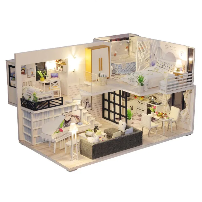 Akcesoria do lalki śliczne drewniane domy Dollhouse Dolhhouse drewniane domy miniaturowe meble meblowe muzyka casa Muzyka prowadzona