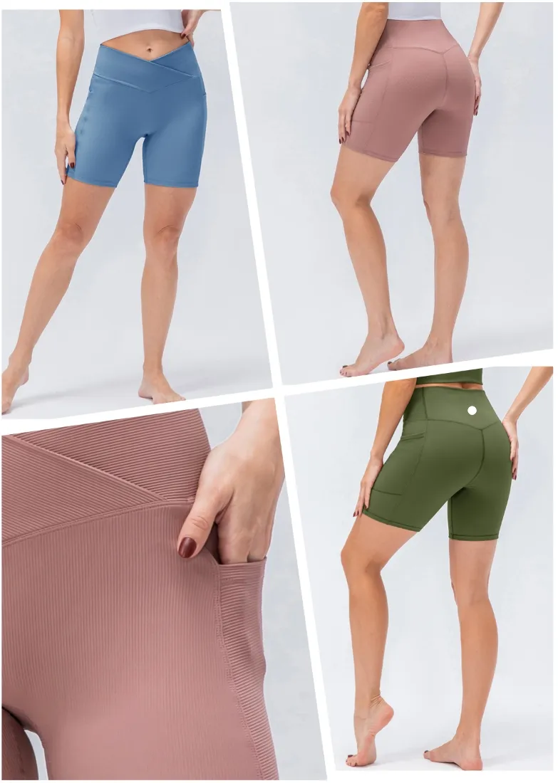 LU-433 Женские шорты для йоги, узкие шорты для фитнеса с перекрестной талией, спортивные шорты с высокой талией и карманами, подтягивающие бедра