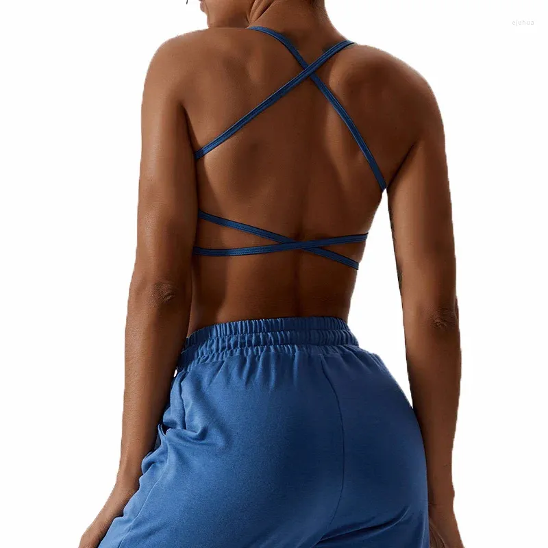 Yoga Outfit Sports Bra Mulheres Strappy Nude Criss Cross Linda Back Crop Top Open Gym Fitness Alto Suporte