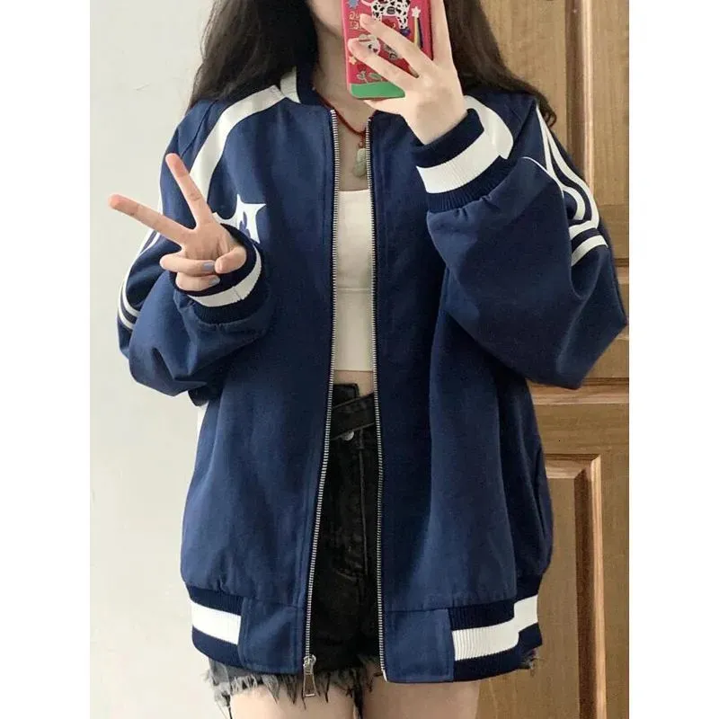 Vestes Femmes Deeptown Vintage Blue Bomber Veste Femmes Coréenne Mode Streetwear Piste Baseball Vestes Zipper College Varsity Surdimensionné 231011