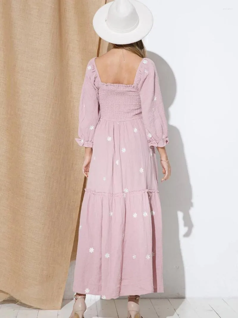 Robes décontractées Femmes S Boho Maxi Robe Automne Col V Col Suisse Dot Manches Longues Smocké À Volants À Volants Flowy Slit Cocktail De Fête De Mariage