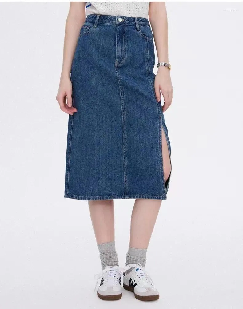 Skirts Bear Embroidery Cotton Ble Denim Summer High Waist Pockets Lady Straight Long Skirt