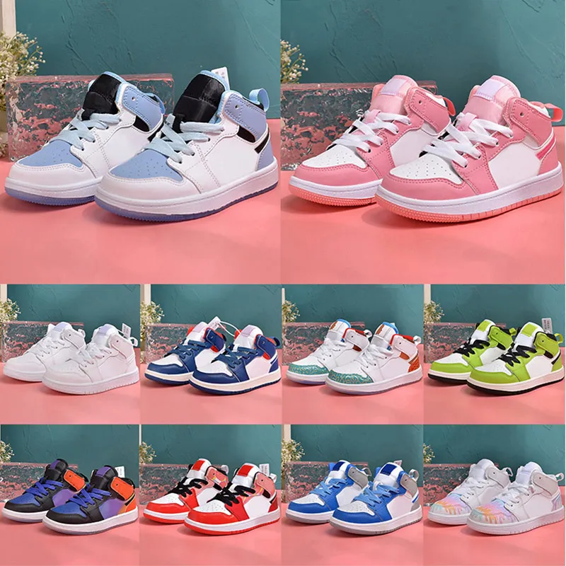 2023 Designer Kids 1 Scarpe da basket Sneakers ragazzi Bannate 1S Atletica Outdoor Game Royal Obsidian Chicago Brid Melody Mid Mid Multi-Cloring Tie-Dye Times 26-35