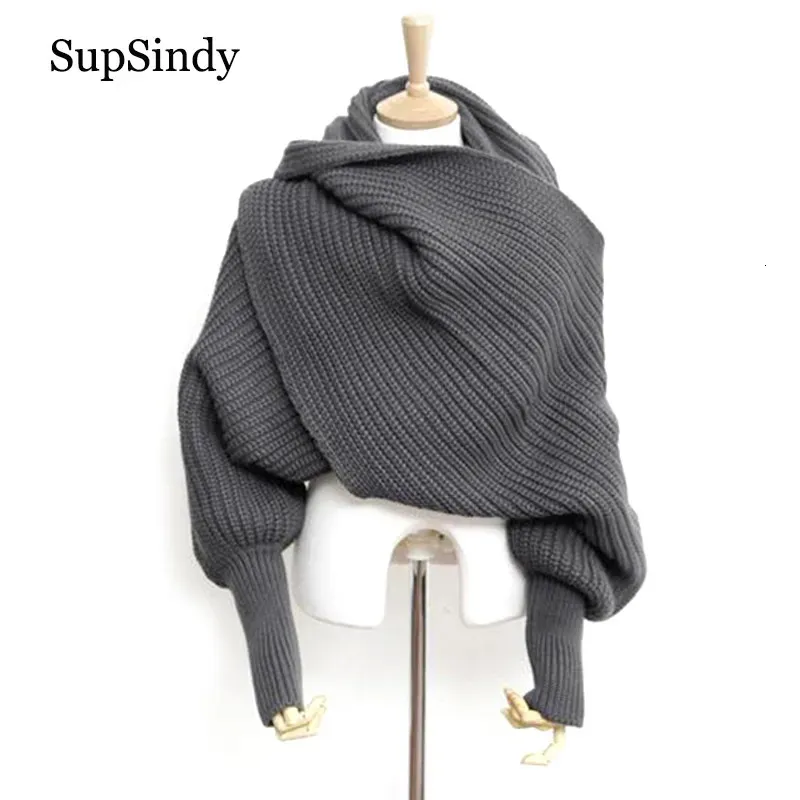 Shawls SupSindy European style Winter women long scarf with sleeves wool knitted scarves for women Thick Warm Casual Shawl High quality 231012