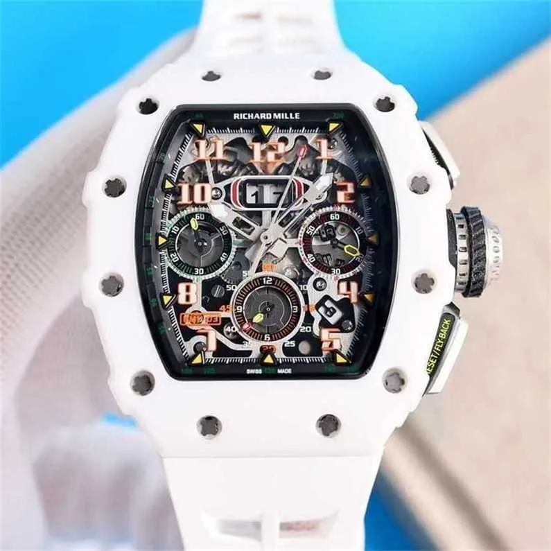 Orologio Di Lusso Multifunzionale Top Automatico Designer Rm11-03 Meccanico Bianco Fibra Di Carbonio Nastro Verde Miller