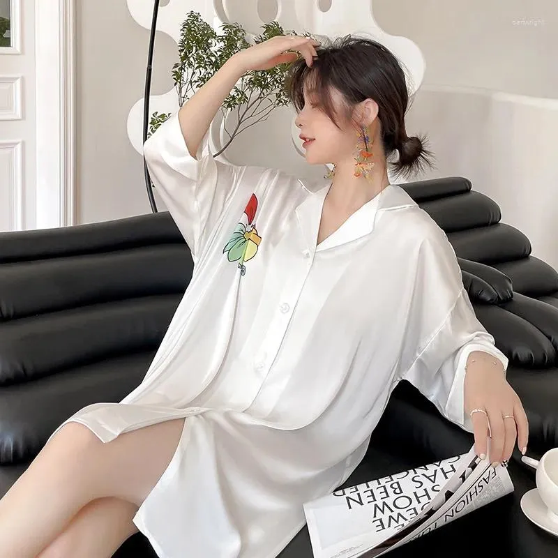 Women's Sleepwear Rayon Homewear Short Women Nightdress Lapel Nightgown Floral Intimate Lingerie Sweet Sleepshirt Sexy Home Dresses Gown