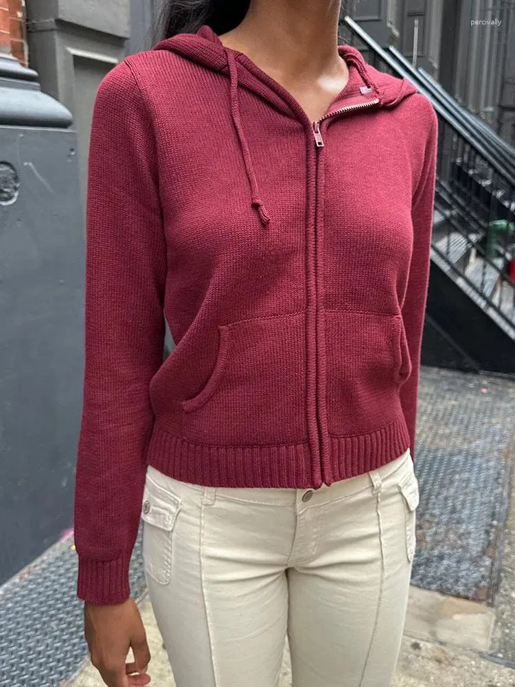 Dames Gebreide Zoete Effen Gebreide Vesten Met Rits Herfst Casual Katoenen Cropped Trui Met Trekkoord Capuchon Dames Vintatge Schattig Street chic Y2k