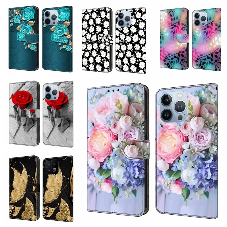 Eleganti custodie a portafoglio in pelle PU con fiori per Iphone 15 Plus 14 13 12 11 Pro XS MAX XR X 8 7 6 Farfalla floreale Rose Horse Tiger Cat Holder ID Card Slot Flip Cover Book Pouch