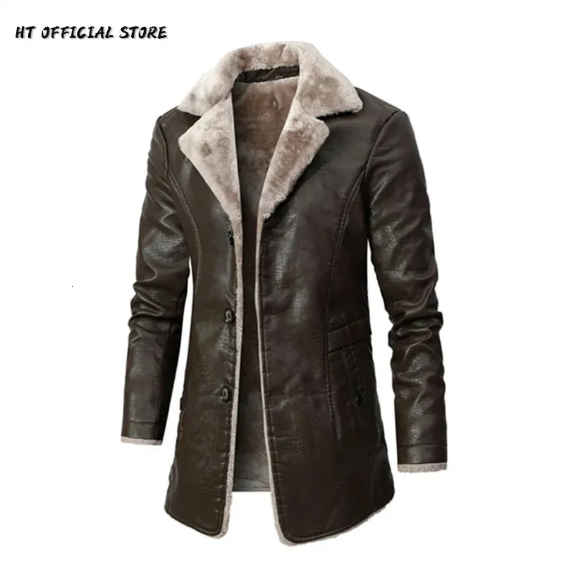 Men's Jackets PU Leather Jacket Men Long Style Solid Men's Streetwear Fleece Casual Mens Clothing Porckets Breasted Leather Coat Outwear 231012