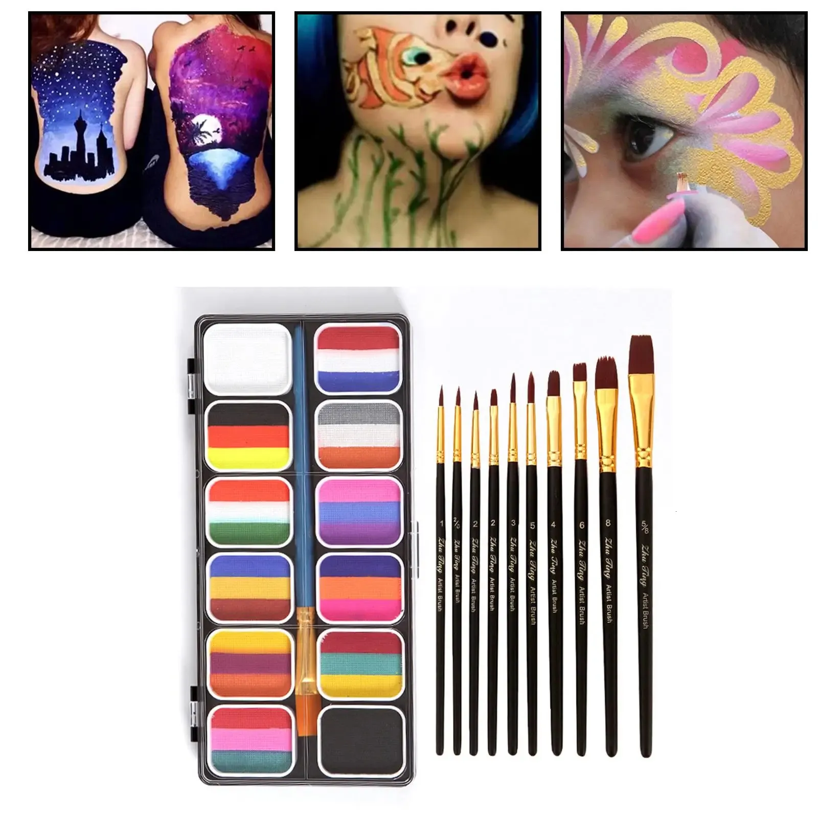 Face Body Paint Set Wooden Handle Paint Brush Painting Pallet Painting Palette Makeup Kit for Kids Supplies Christmas Festival