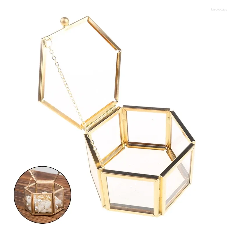 Pochettes à bijoux support organisateur, conteneur de table hexagonale boîte à bagues en verre Transparent géométrique de mariage Transparent