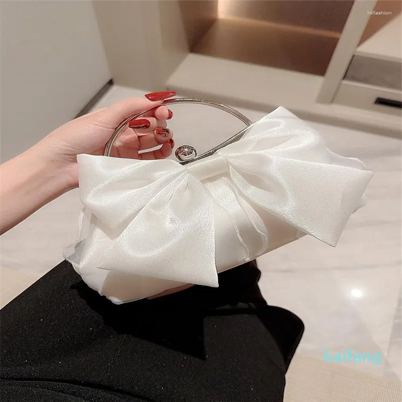 Bolsos de noche Bolsos de mano de metal con lazo de satén blanco para mujer, fiesta de boda