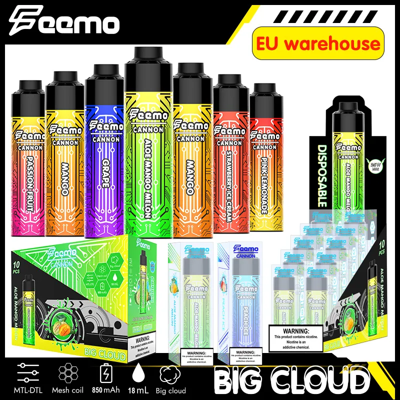 Fabrik Original engångsvapa Vape Starter Kit EU Warehouse Feemo Cannon 18 ml förångare engångsvapa Big Cloud med 0,5Hm Resistance Vaping för snabb frakt