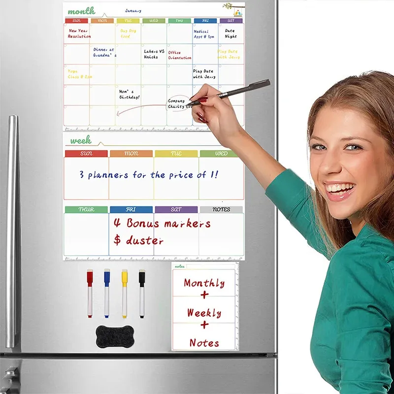 Tableau blanc magnétique pour le réfrigérateur, tableau blanc hebdomadaire, planificateur mensuel, tableau de marqueurs, tableau de calendrier magnétique, tableau de mémo 231007