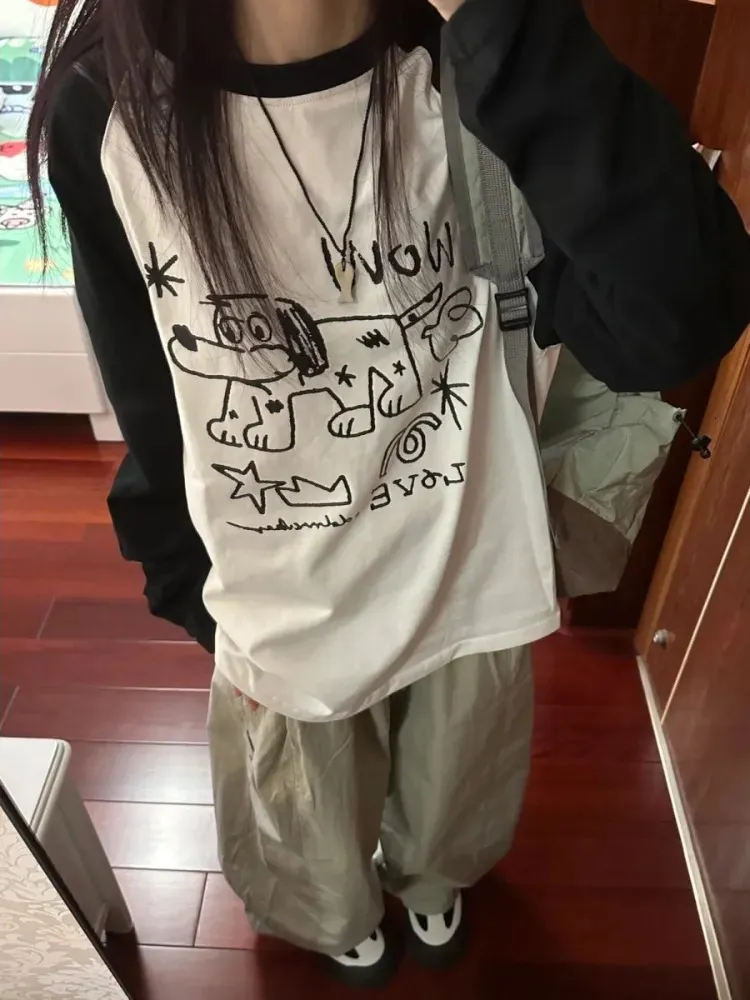 Dames T-shirt HOUZHOU Kawaii Grafische T-shirts Dames Schattig Anime Lange mouw Tops Japans Vintage Y2k Preppy stijl Casual Zoete T-shirts Oversized 231011