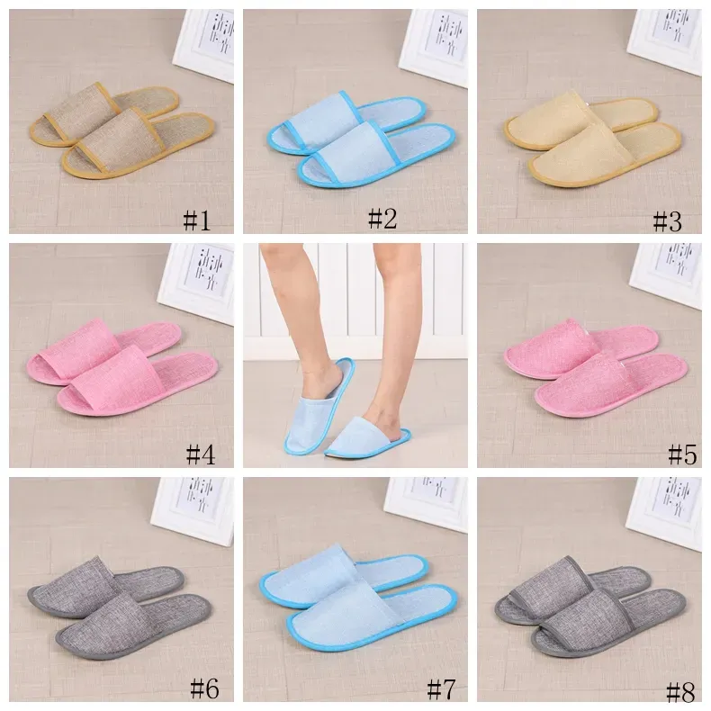 All-match 8styles Disposable Slippers Hotel SPA Home Guest Shoes Anti-slip Cotton Linen Slippers Comfortable Breathable Soft One-time Slipper