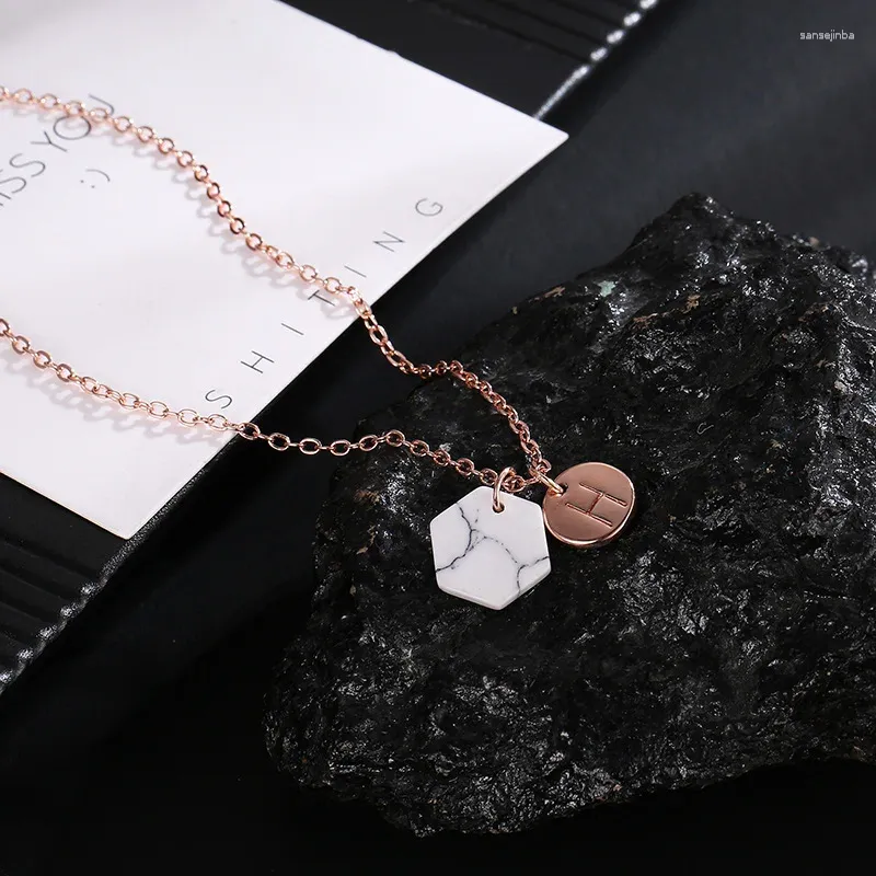 Pendant Necklaces Circle & Geometric Hexagon Marble Stone With 26 Letters On Pendants Thin Chain Silver Plated Golden For Women