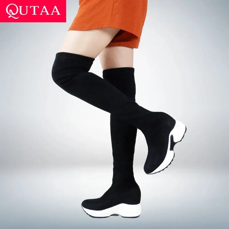 Сапоги QUTAA Сапоги выше колена из эластичной ткани, увеличивающие рост, с круглым носком, женская обувь, осенне-зимние повседневные длинные сапоги, размер 34-43 231011