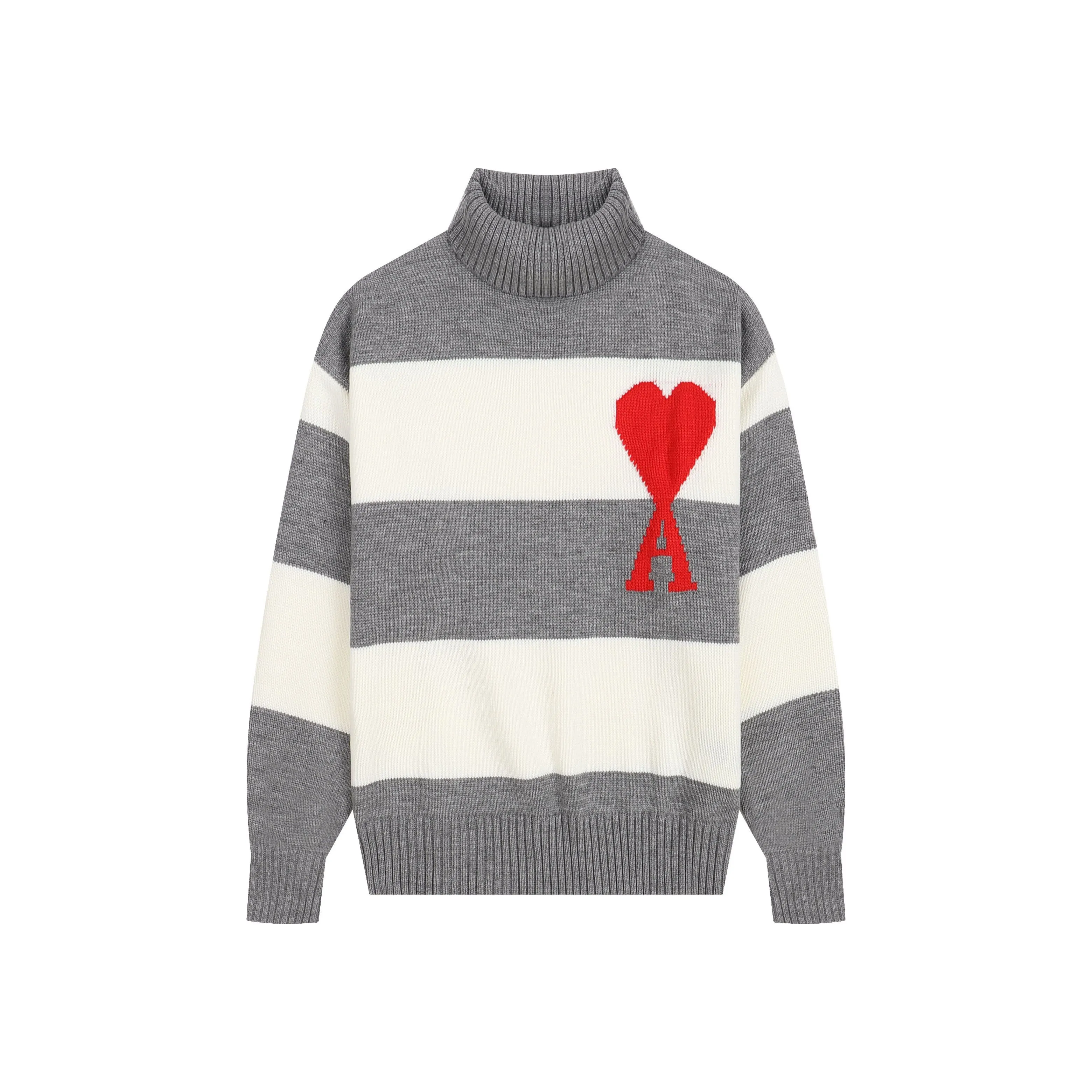 Automne et hiver Ami col haut Jacquard Love Stripe sweat à capuche pour femme Couple décontracté pulls amples pull polyvalent à manches longues haut vêtements