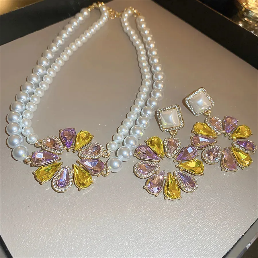 Bruiloft Sieraden Sets Fyuan Koreaanse Stijl Parelsnoer Oorbellen Voor Vrouwen Zoete Zonnebloem Kristal Bruiloften Banket 231012