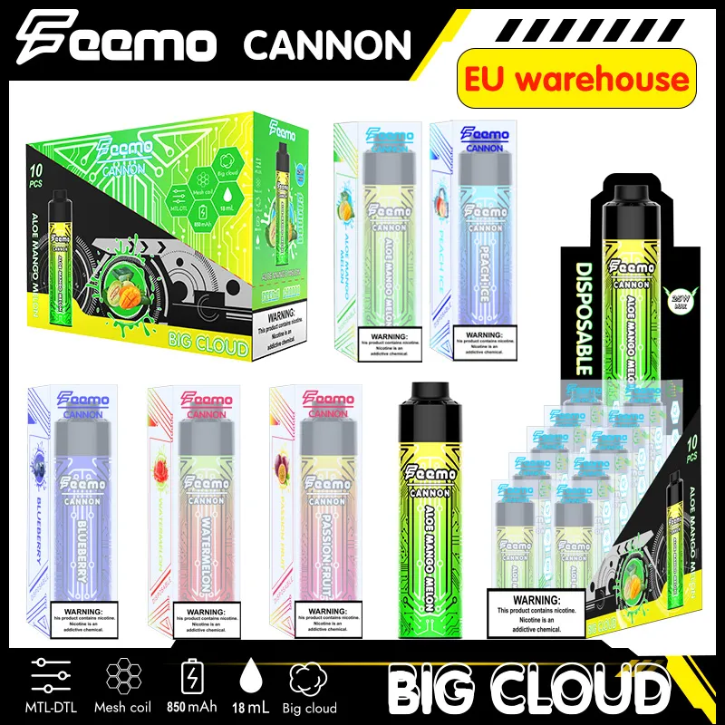 vape 스타터 키트 18ml 일회용 펜 박스 뜨거운 판매 페마 대포 일회용 vape 0.5 Ohm Big Big Cloud Mesh Coil과 빠른 배송 독일의 좋은 가격